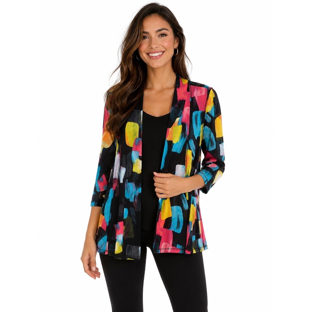 Multiples Women's PL Abstract Brushstroke 3/4 Sleeve Open Front Cardigan, NWT
